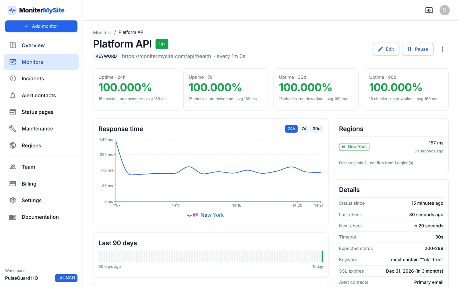Keyword monitor detail page checking that the API health endpoint returns ok: response-time chart, uptime figures and check history