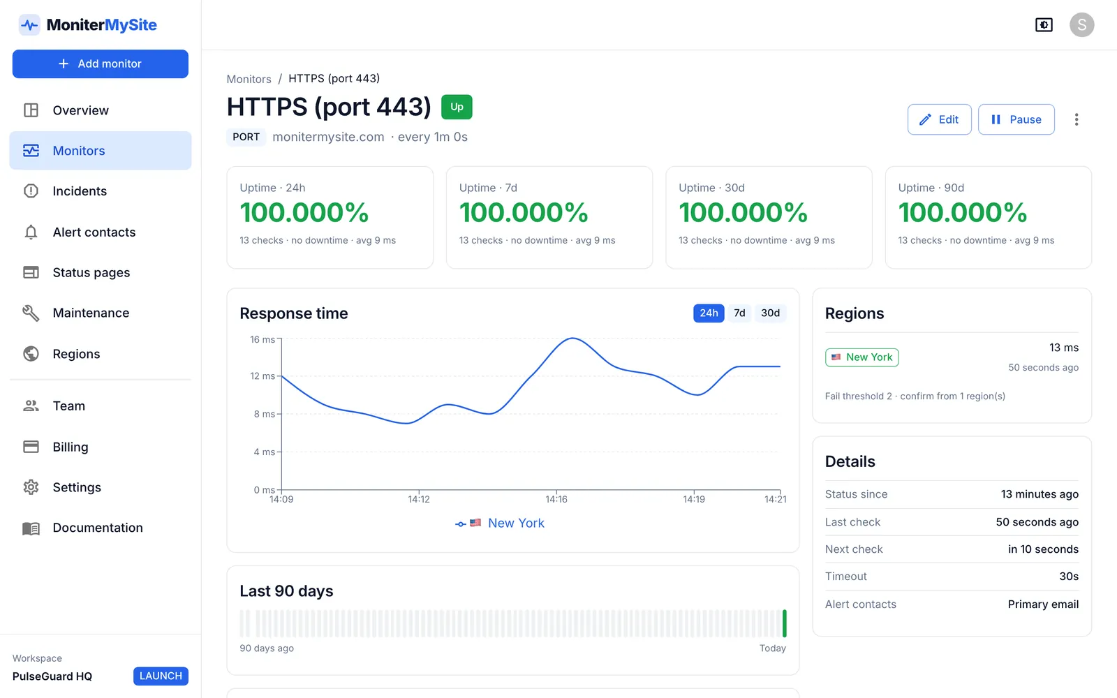 TCP port monitor detail page for monitermysite.com port 443: connect-time chart, uptime figures and the region that ran each check
